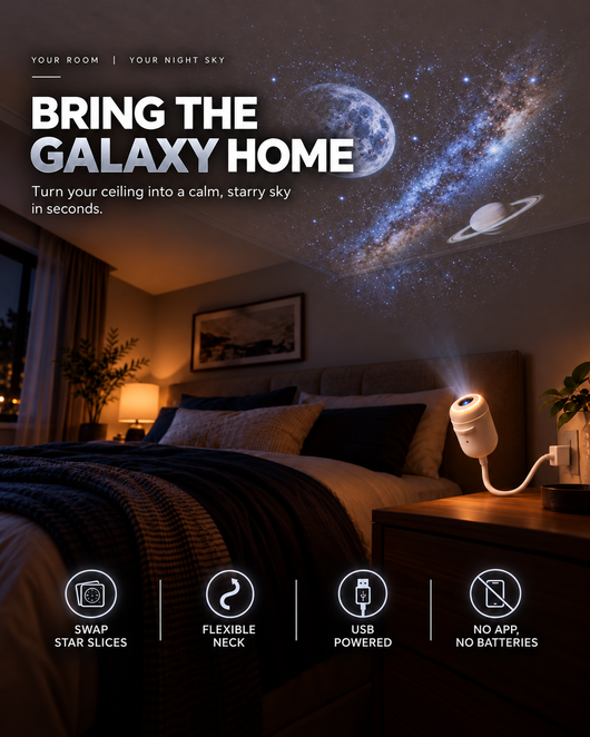 Cozy bedroom with the LunaRooms Sky Projector plugged in beside the bed, casting a galaxy, moon and planet across the ceiling. Swap star slices, flexible neck, USB powered, no app and no batteries.